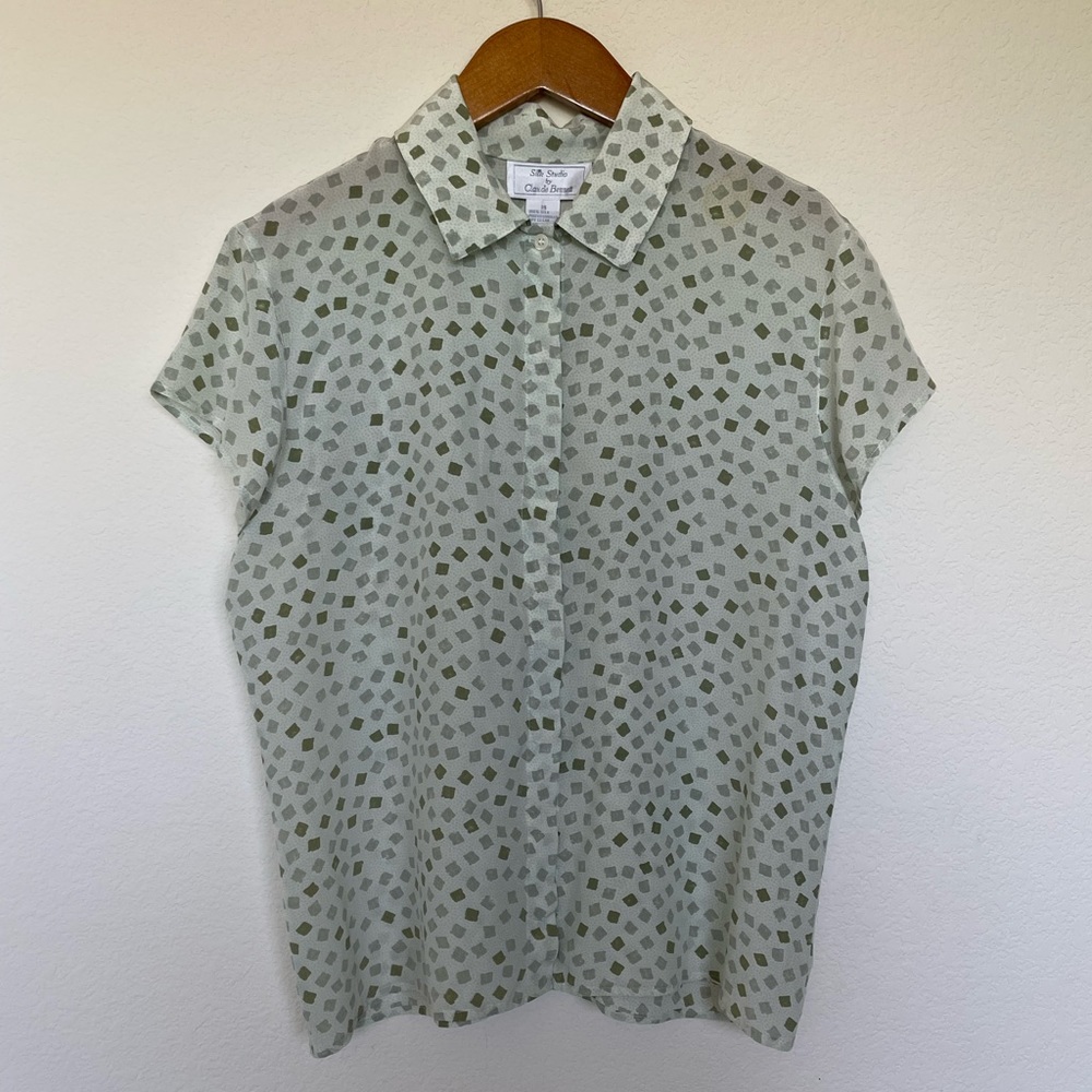 SILK STUDIO pure silk top button shirt summer green white